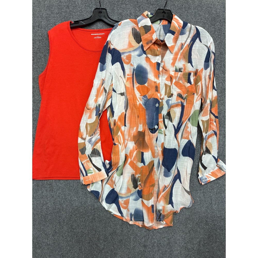 Lot of 2 Allison Daley Set Orange Tank Abstract Print Button Up Shirt Large